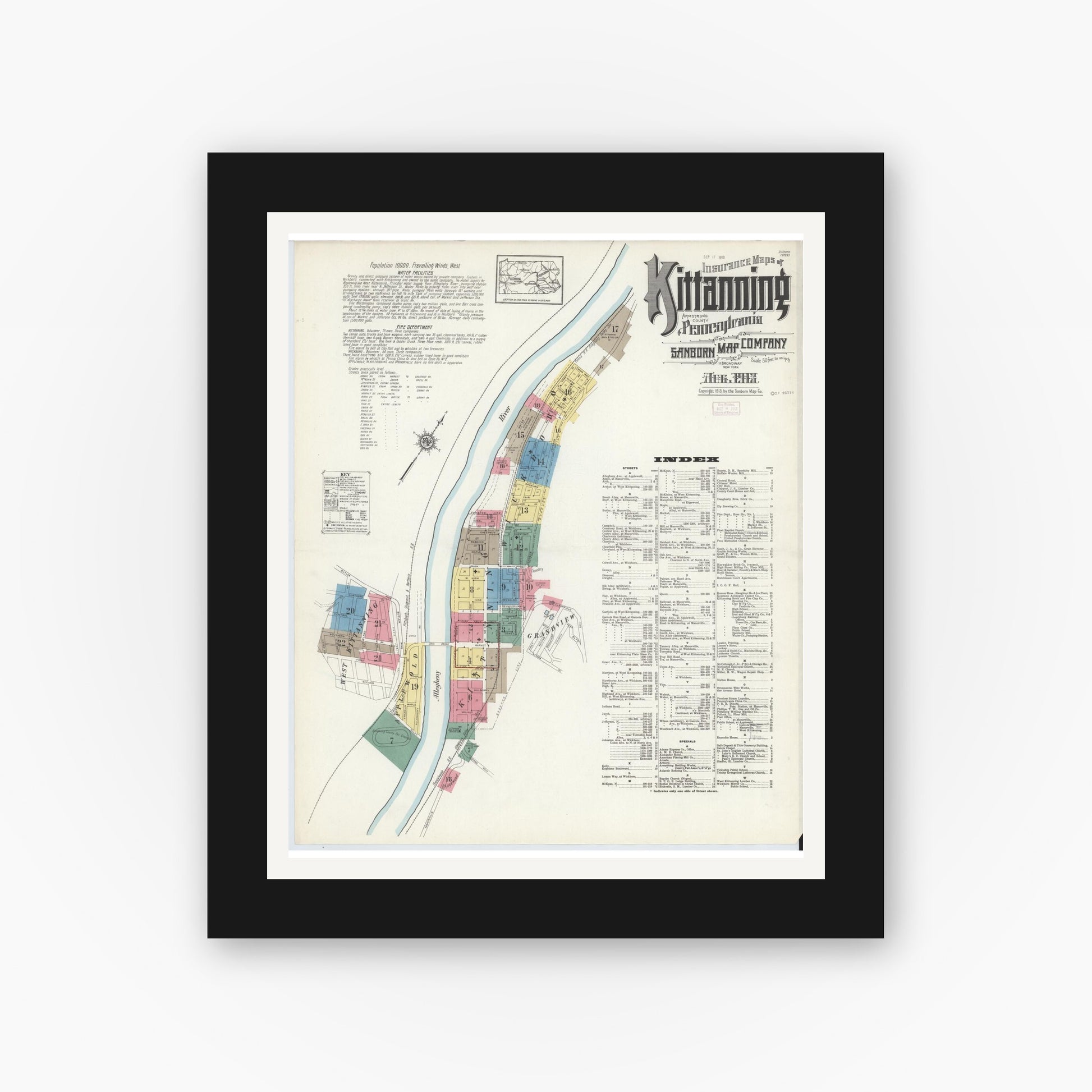 Old map wall art mockup — black gallery frame with white mat — Sanborn Fire Insurance Map from Kittanning, Armstrong County, Pennsylvania (1913), Sheet #0001