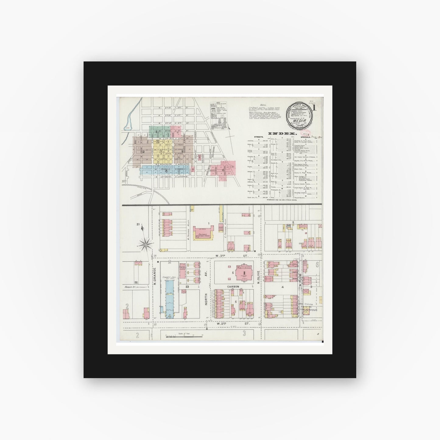 Old map wall art mockup — black gallery frame with white mat — Sanborn Fire Insurance Map from Media, Delaware County, Pennsylvania (1894), Sheet #0001
