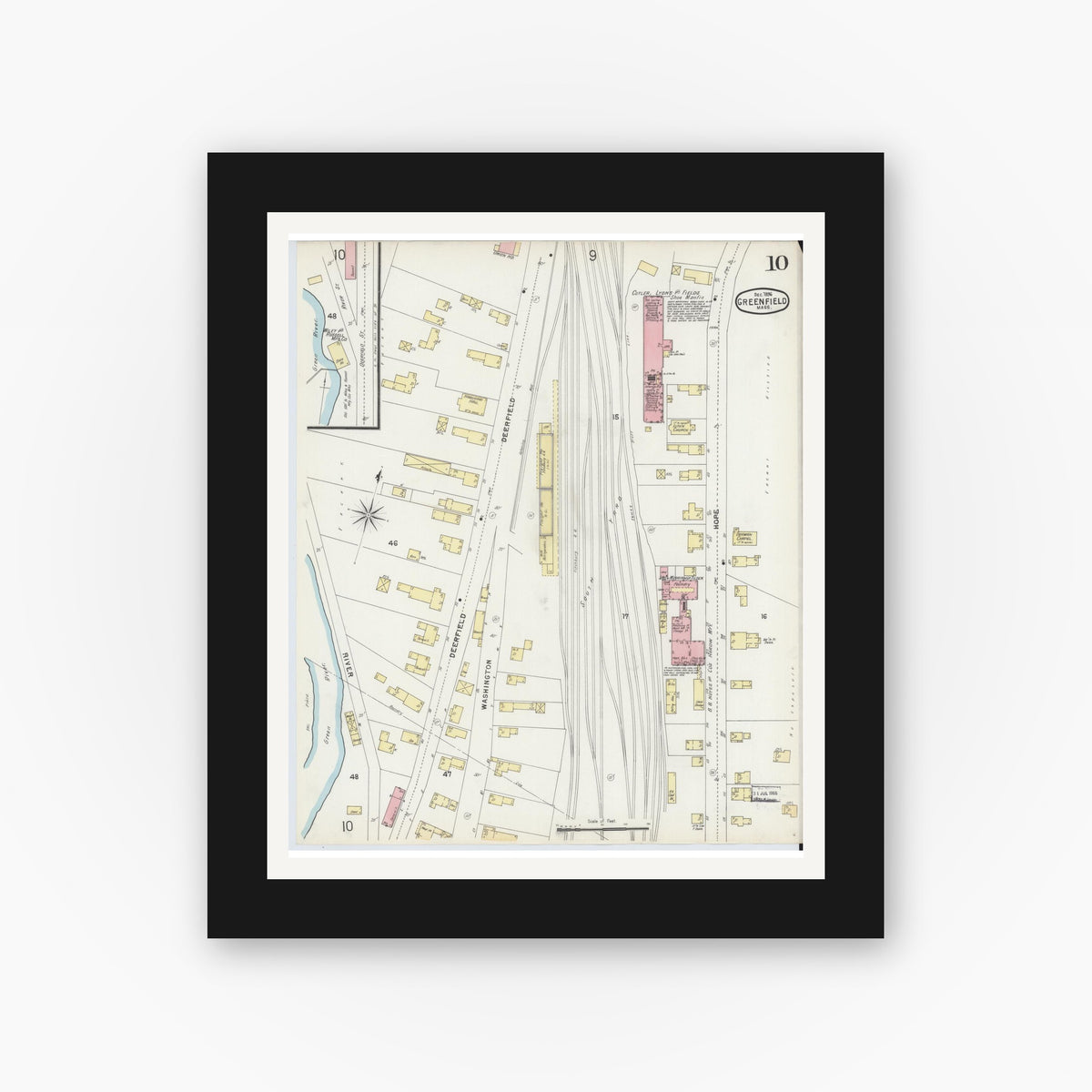 Old map wall art mockup — black gallery frame with white mat — Sanborn Fire Insurance Map from Greenfield, Franklin County, Massachusetts (1896), Sheet #0010