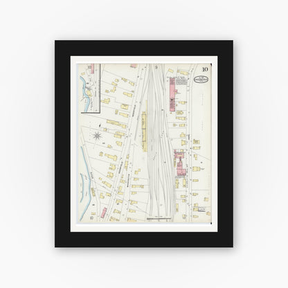Old map wall art mockup — black gallery frame with white mat — Sanborn Fire Insurance Map from Greenfield, Franklin County, Massachusetts (1896), Sheet #0010