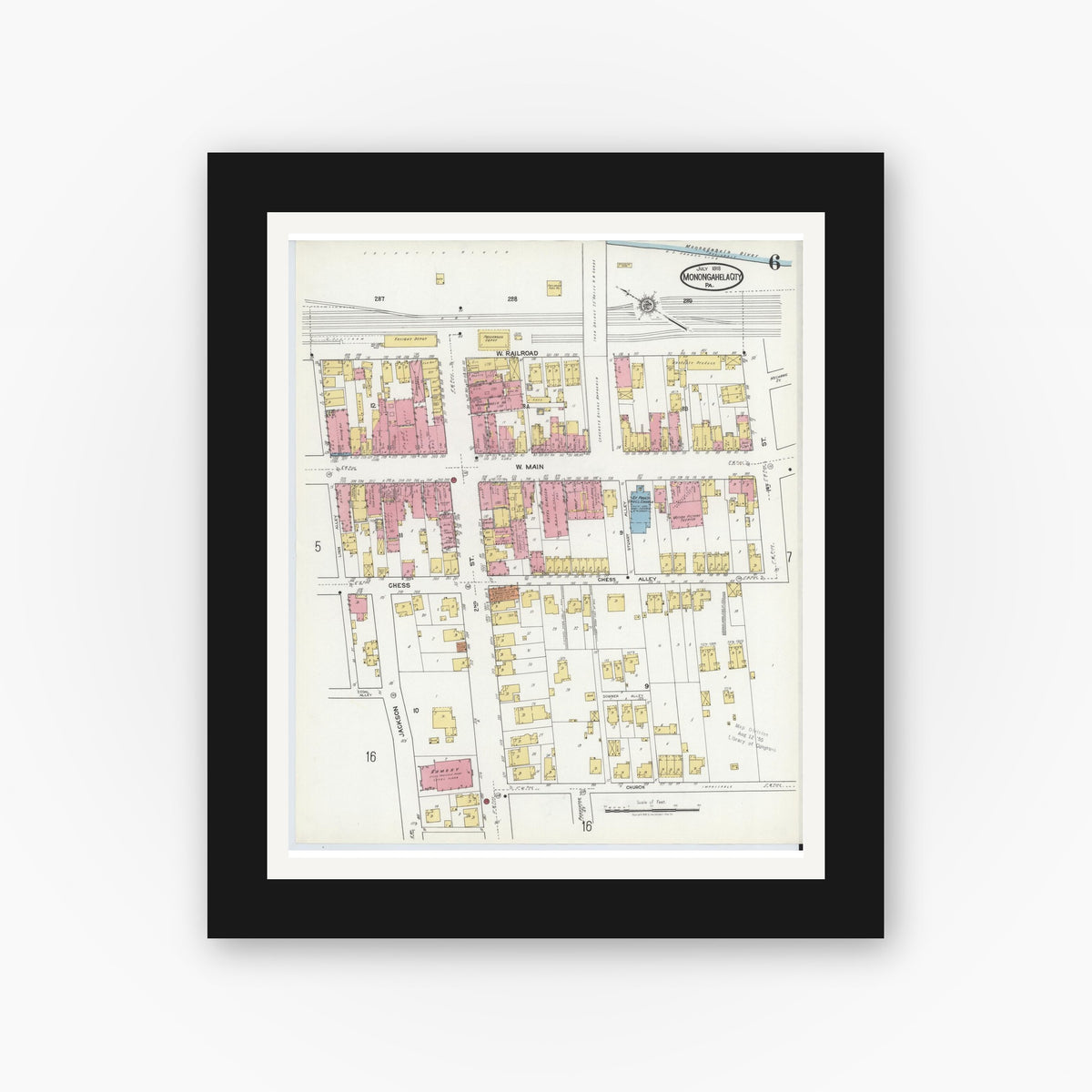 Old map wall art mockup — black gallery frame with white mat — Sanborn Fire Insurance Map from Monongahela City, Washington County, Pennsylvania (1918), Sheet #0006
