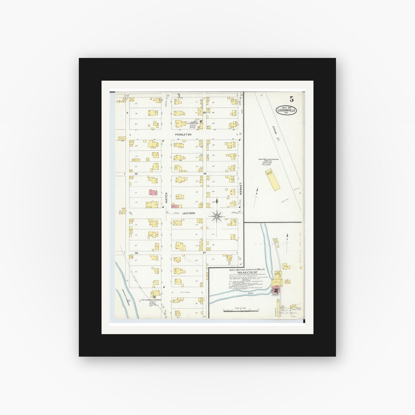 Old map wall art mockup — black gallery frame with white mat — Sanborn Fire Insurance Map from Loudonville, Ashland County, Ohio (1907), Sheet #0005
