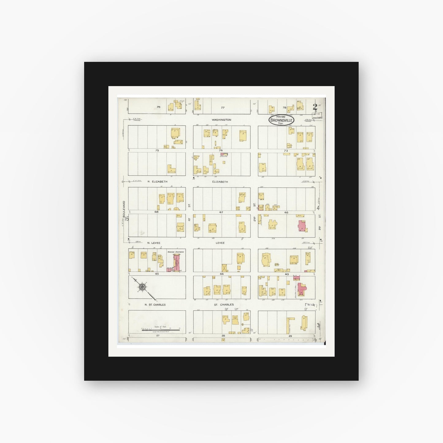 Old map wall art mockup — black gallery frame with white mat — Sanborn Fire Insurance Map from Brownsville, Cameron County, Texas (1919), Sheet #0002