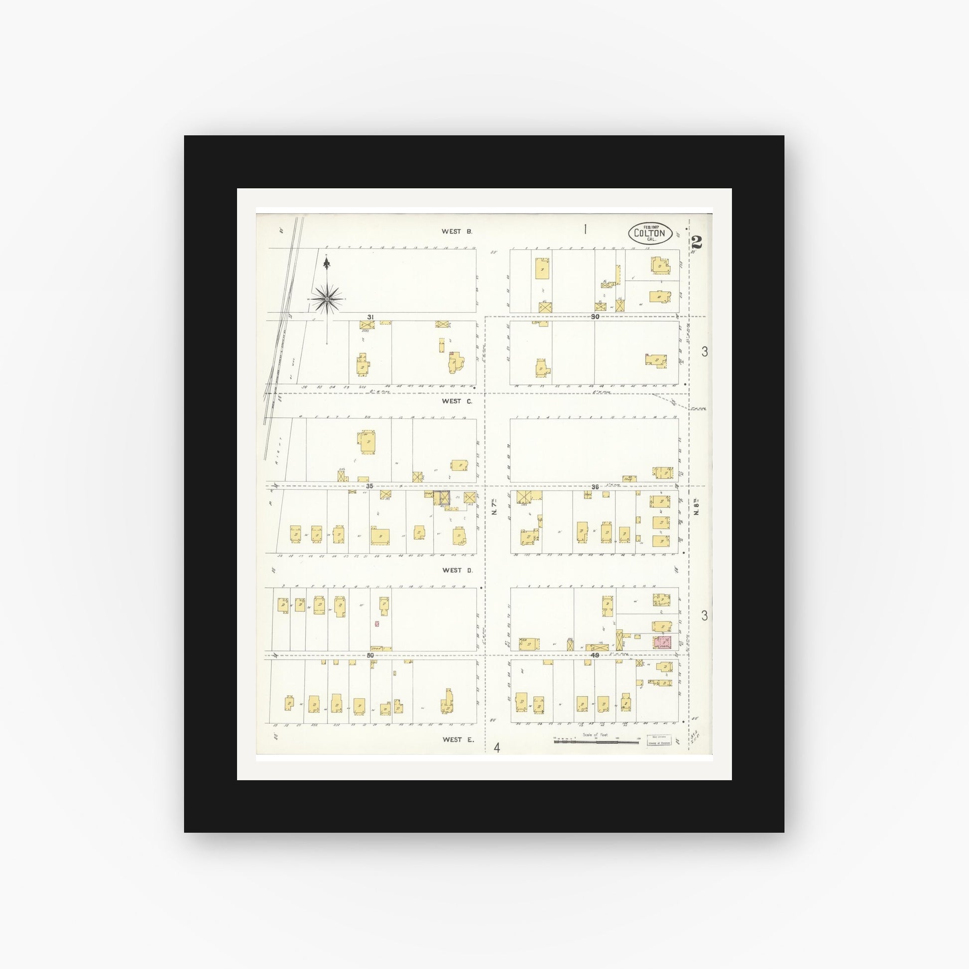 Old map wall art mockup — black gallery frame with white mat — Sanborn Fire Insurance Map from Colton, San Bernardino County, California (1907), Sheet #0002