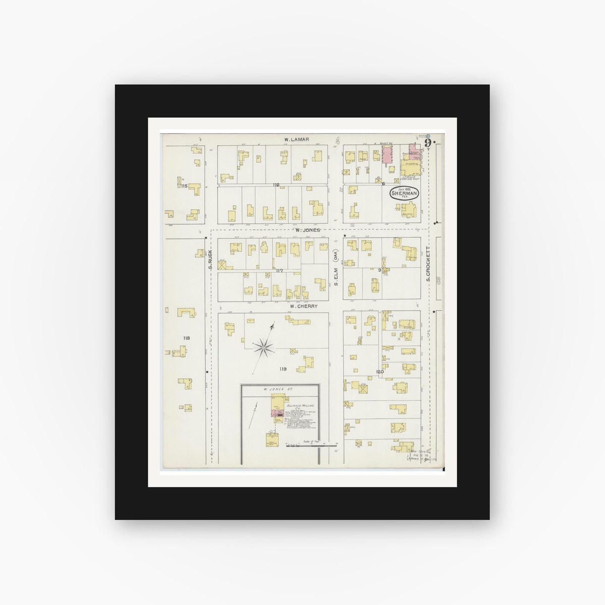 Old map wall art mockup — black gallery frame with white mat — Sanborn Fire Insurance Map from Sherman, Grayson County, Texas (1892), Sheet #0009
