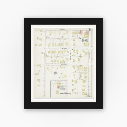 Old map wall art mockup — black gallery frame with white mat — Sanborn Fire Insurance Map from Sherman, Grayson County, Texas (1892), Sheet #0009
