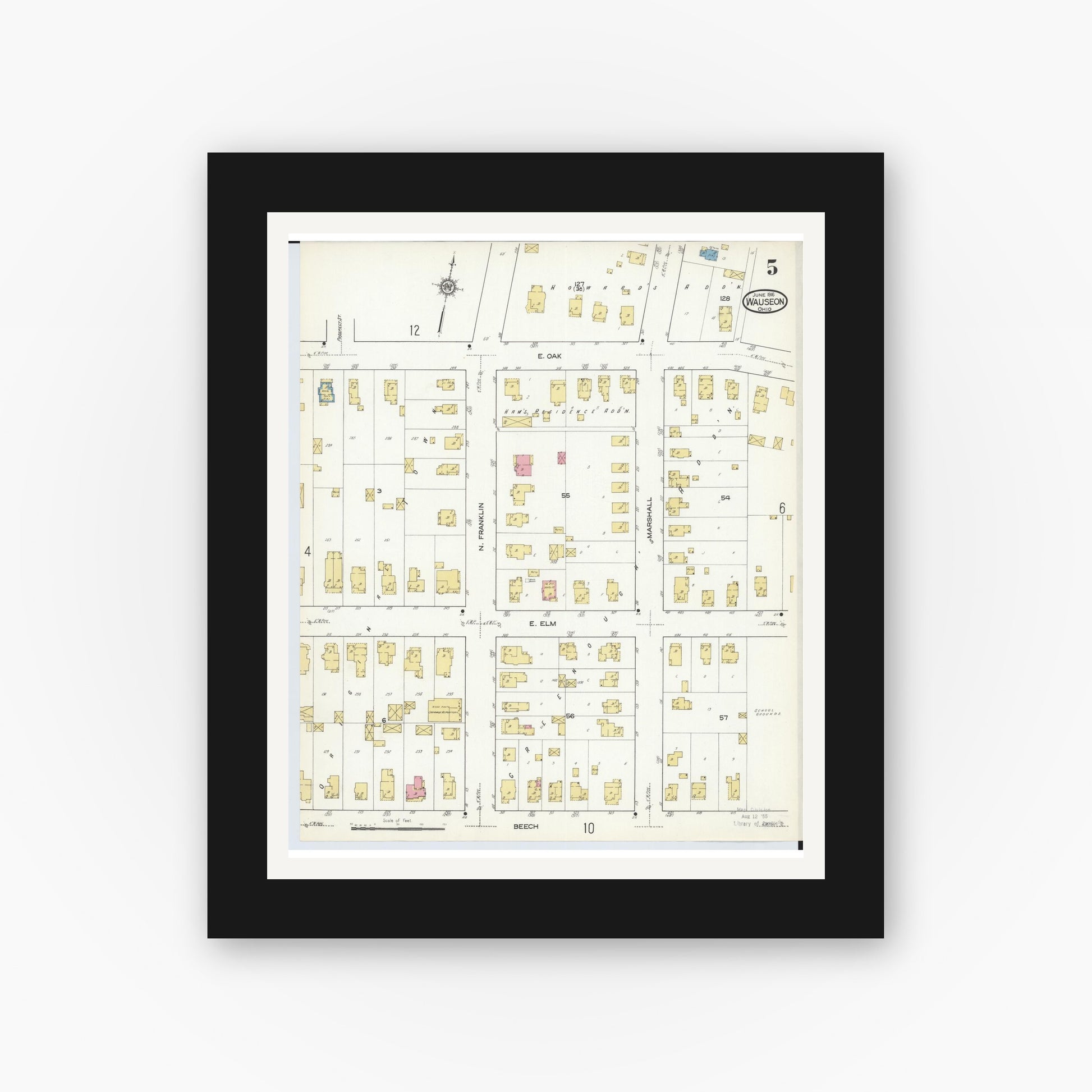 Old map wall art mockup — black gallery frame with white mat — Sanborn Fire Insurance Map from Wauseon, Fulton County, Ohio (1916), Sheet #0005
