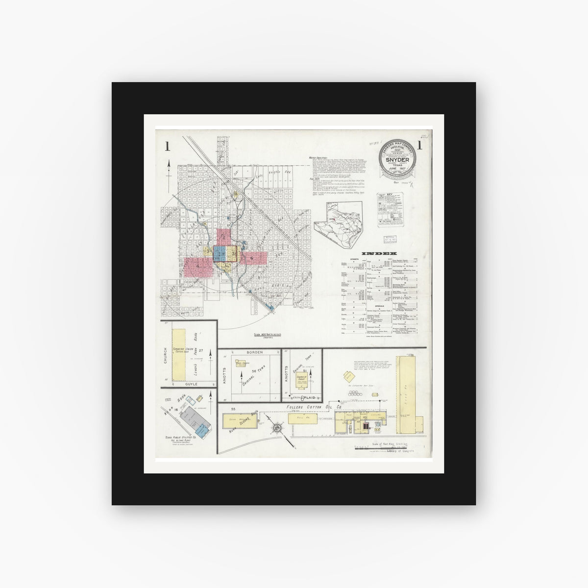 Old map wall art mockup — black gallery frame with white mat — Sanborn Fire Insurance Map from Snyder, Scurry County, Texas (1927) - Complete Map Set