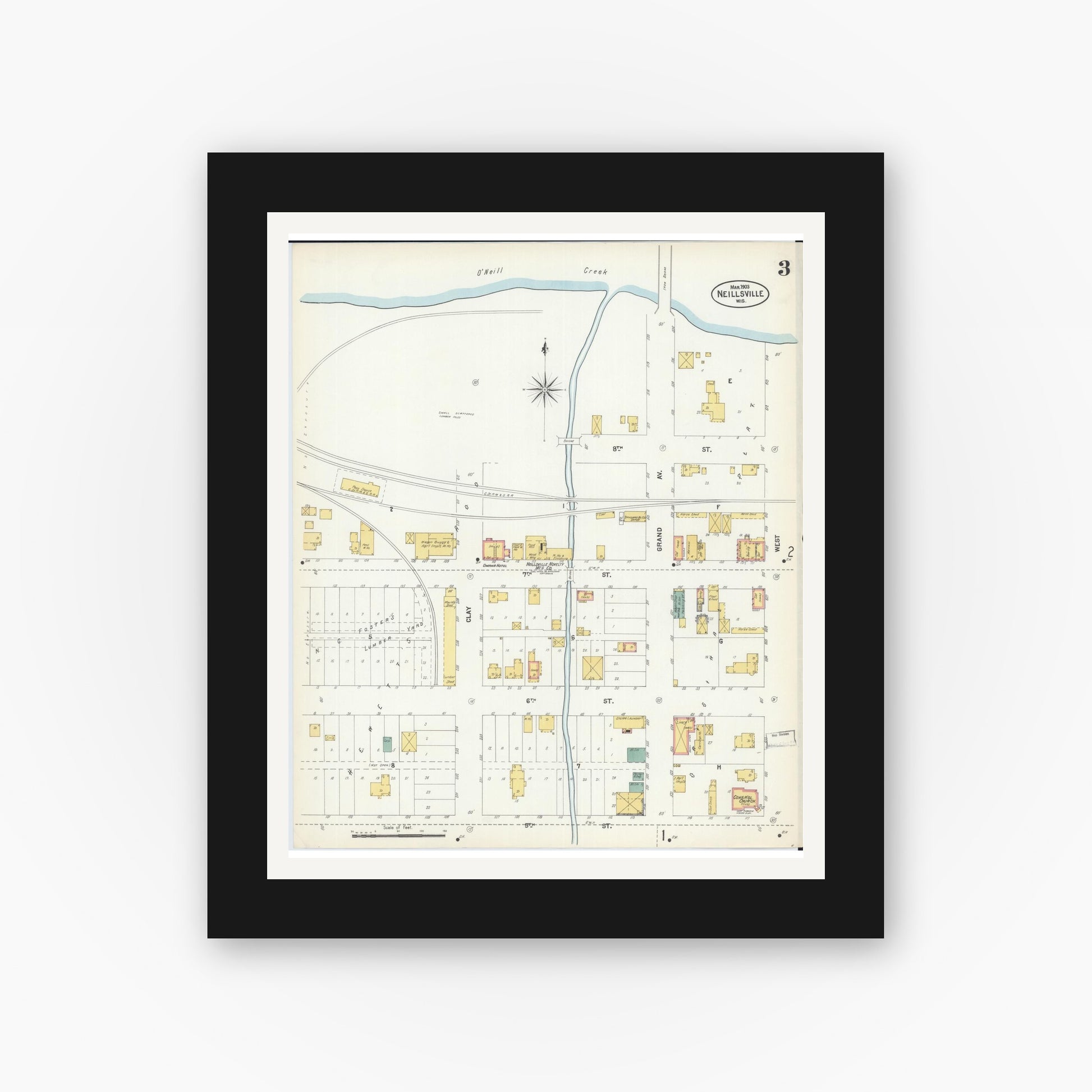 Old map wall art mockup — black gallery frame with white mat — Sanborn Fire Insurance Map from Neillsville, Clark County, Wisconsin (1903), Sheet #0003