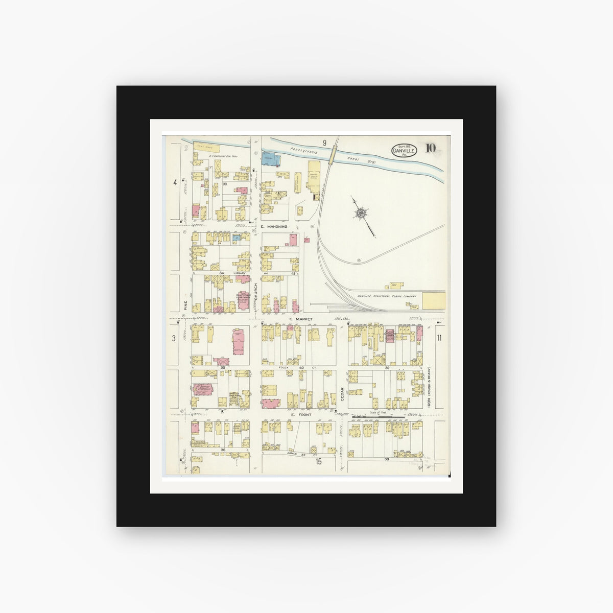 Old map wall art mockup — black gallery frame with white mat — Sanborn Fire Insurance Map from Danville, Montour County, Pennsylvania (1913), Sheet #0010