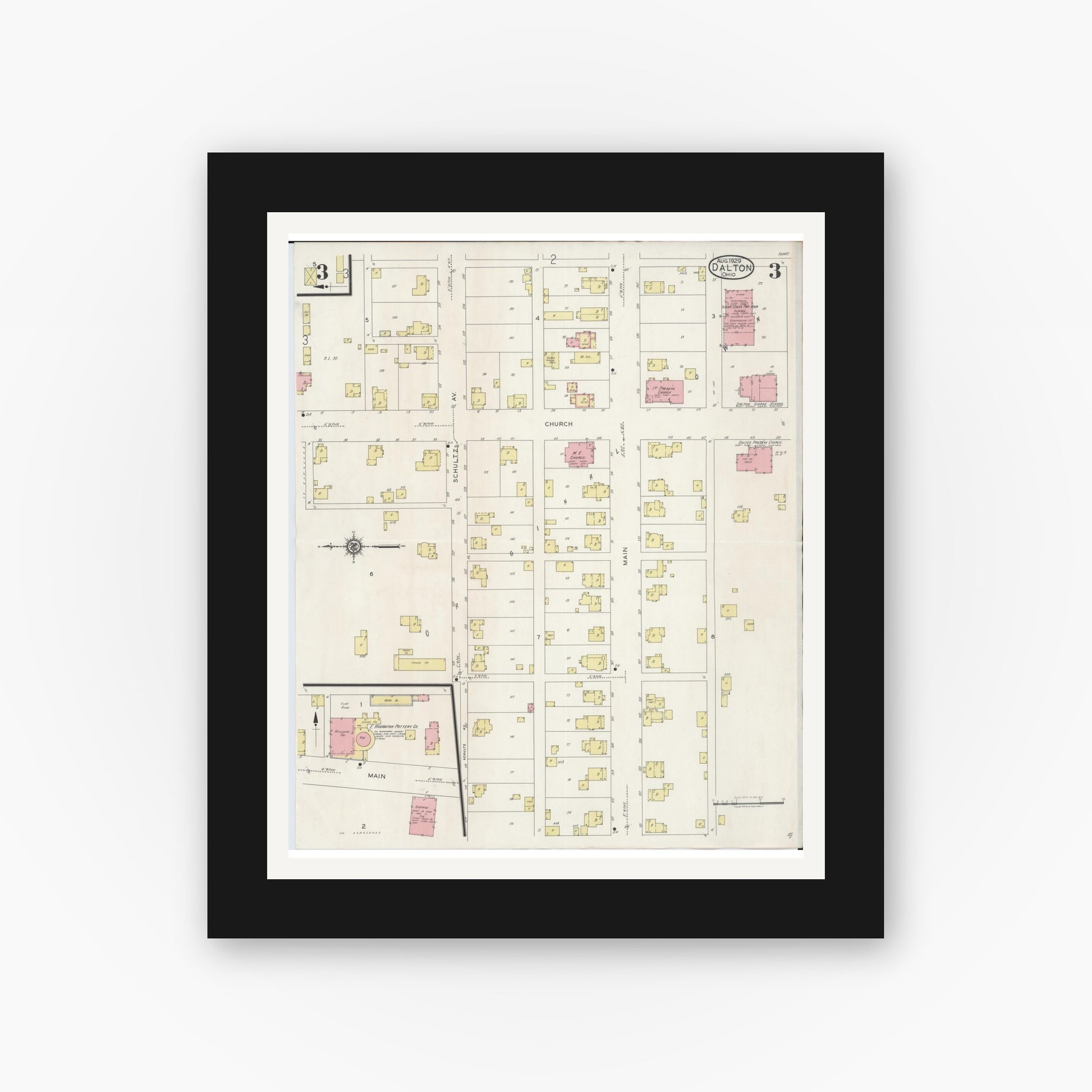 Old map wall art mockup — black gallery frame with white mat — Sanborn Fire Insurance Map from Dalton, Wayne County, Ohio (1929), Sheet #0003