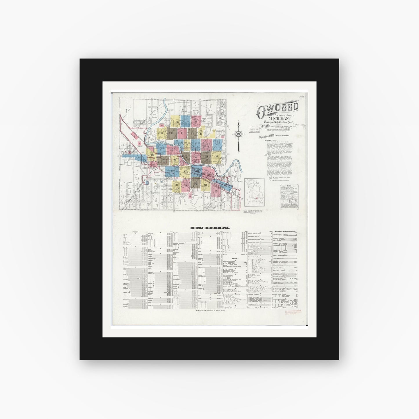 Old map wall art mockup — black gallery frame with white mat — Sanborn Fire Insurance Map from Owosso, Shiawassee County, Michigan (1930) - Complete Map Set