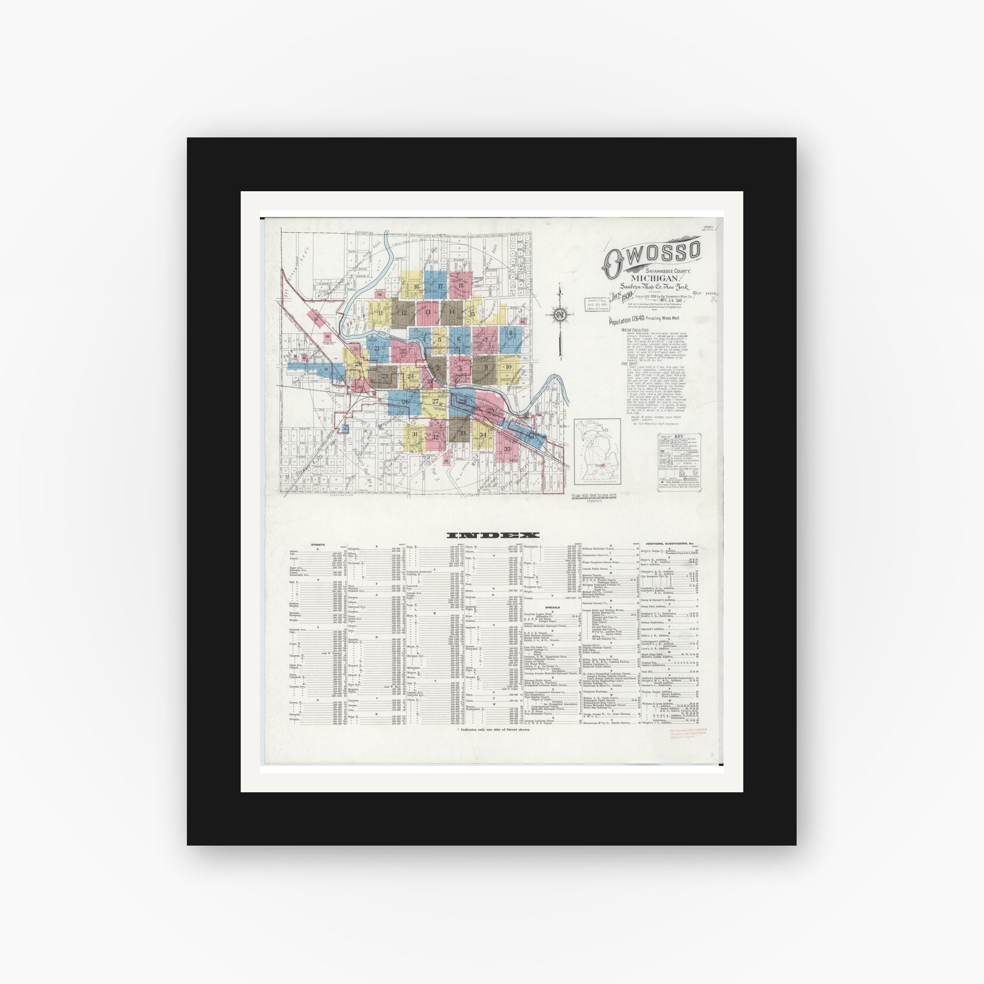 Old map wall art mockup — black gallery frame with white mat — Sanborn Fire Insurance Map from Owosso, Shiawassee County, Michigan (1930) - Complete Map Set
