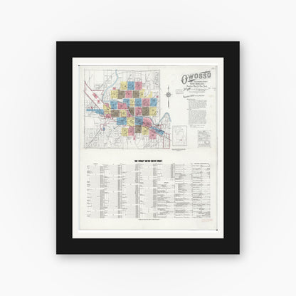 Old map wall art mockup — black gallery frame with white mat — Sanborn Fire Insurance Map from Owosso, Shiawassee County, Michigan (1930) - Complete Map Set