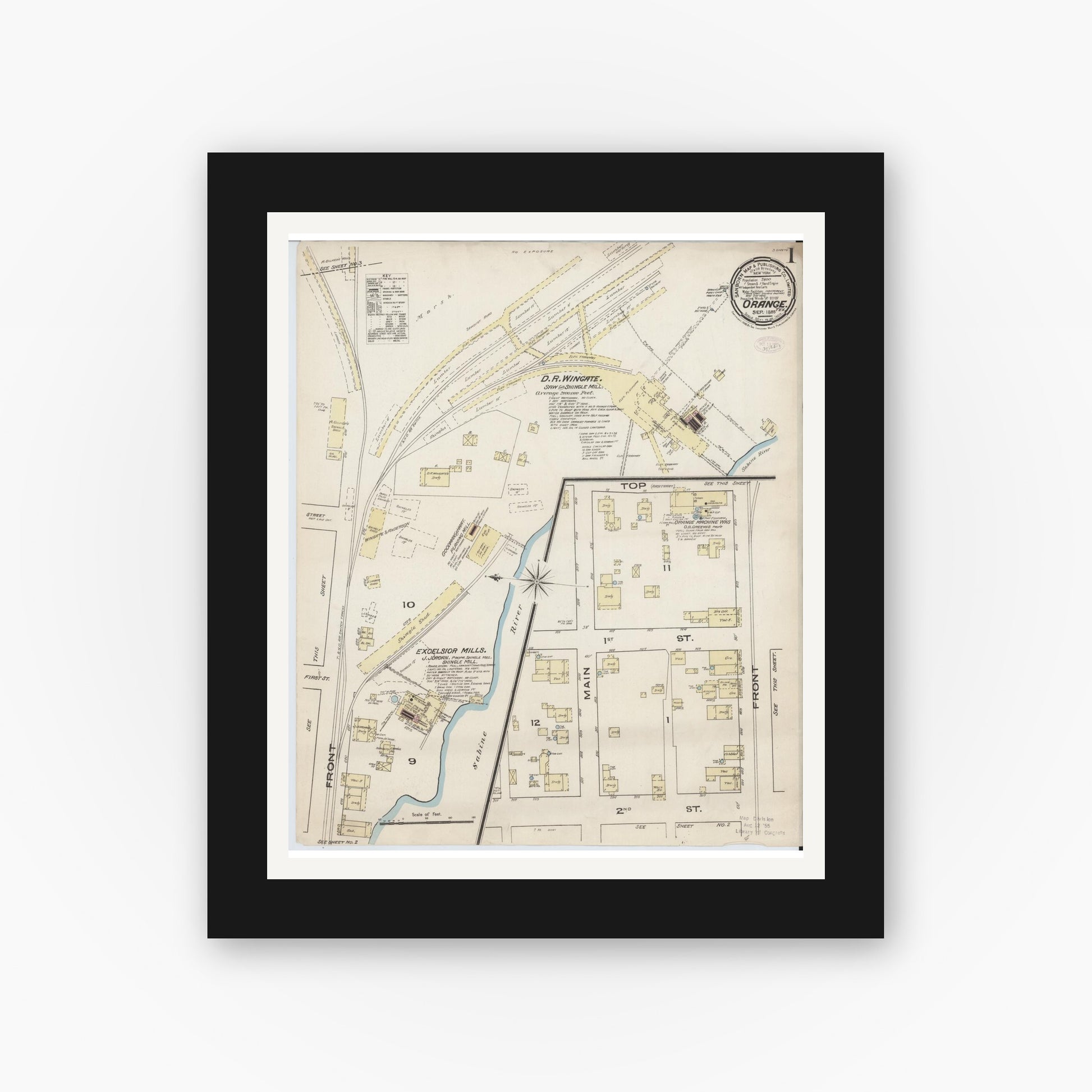 Old map wall art mockup — black gallery frame with white mat — Sanborn Fire Insurance Map from Orange, Orange County, Texas (1885), Sheet #0001