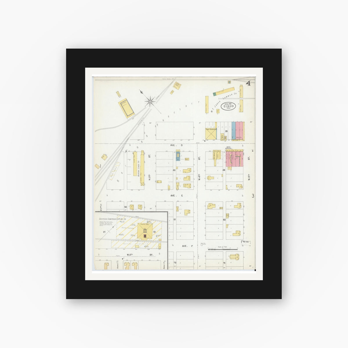 Old map wall art mockup — black gallery frame with white mat — Sanborn Fire Insurance Map from Cisco, Eastland County, Texas (1902), Sheet #0004