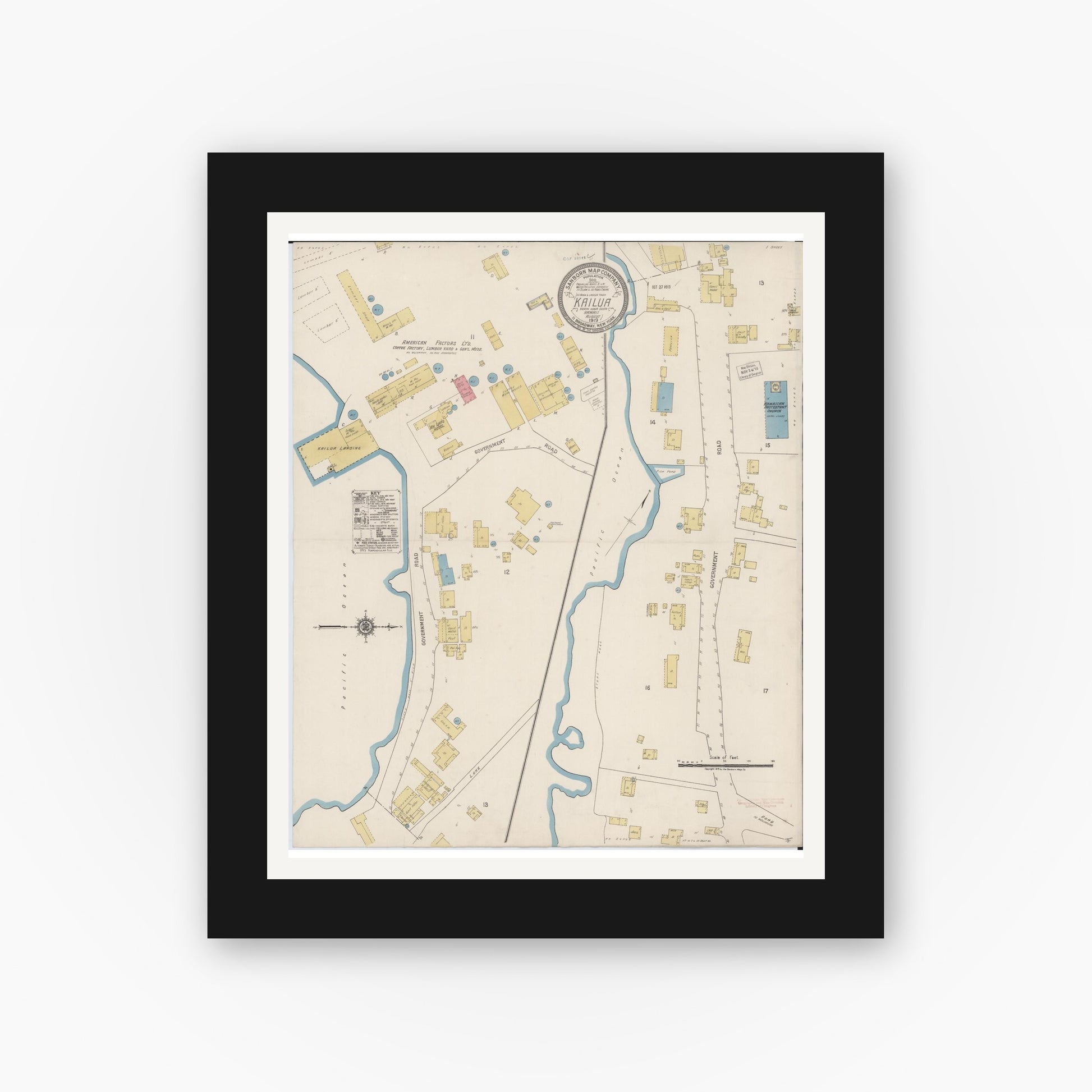 Old map wall art mockup — black gallery frame with white mat — Sanborn Fire Insurance Map from Kailua, Hawaii County, Hawaii (1919), Sheet #0001