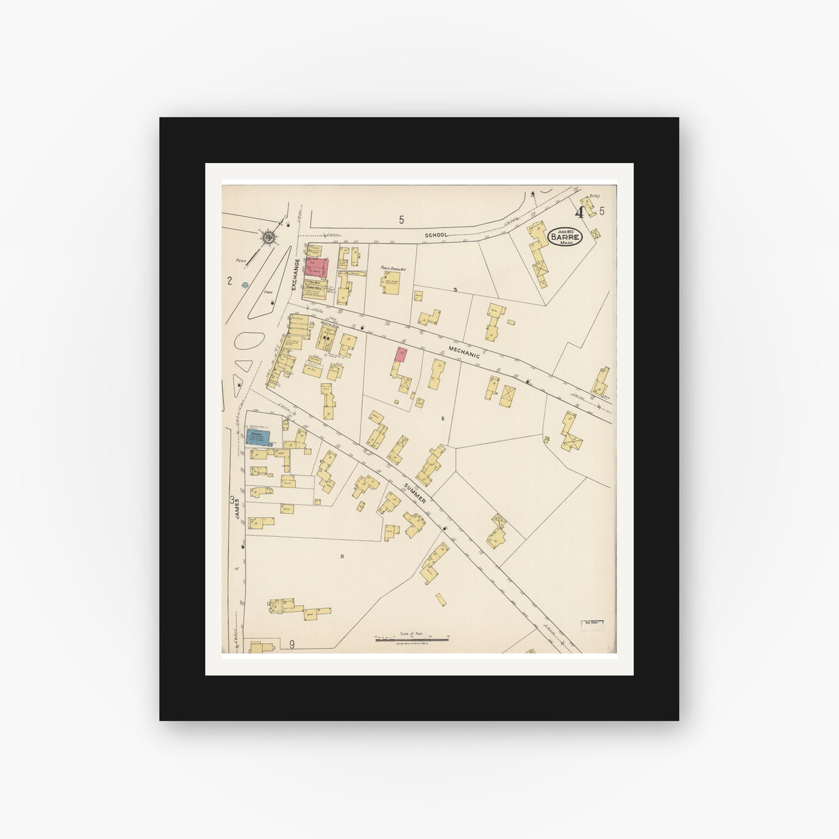 Old map wall art mockup — black gallery frame with white mat — Sanborn Fire Insurance Map from Barre, Worcester County, Massachusetts (1922), Sheet #0004