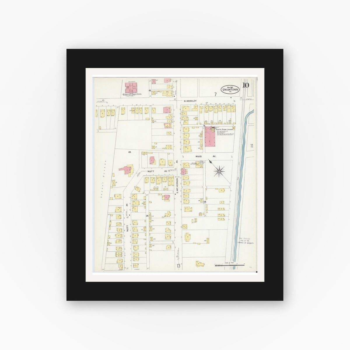 Old map wall art mockup — black gallery frame with white mat — Sanborn Fire Insurance Map from Uniontown, Fayette County, Pennsylvania (1907), Sheet #0010