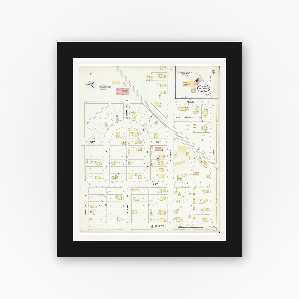 Old map wall art mockup — black gallery frame with white mat — Sanborn Fire Insurance Map from Sheridan, Hamilton County, Indiana (1909), Sheet #0003
