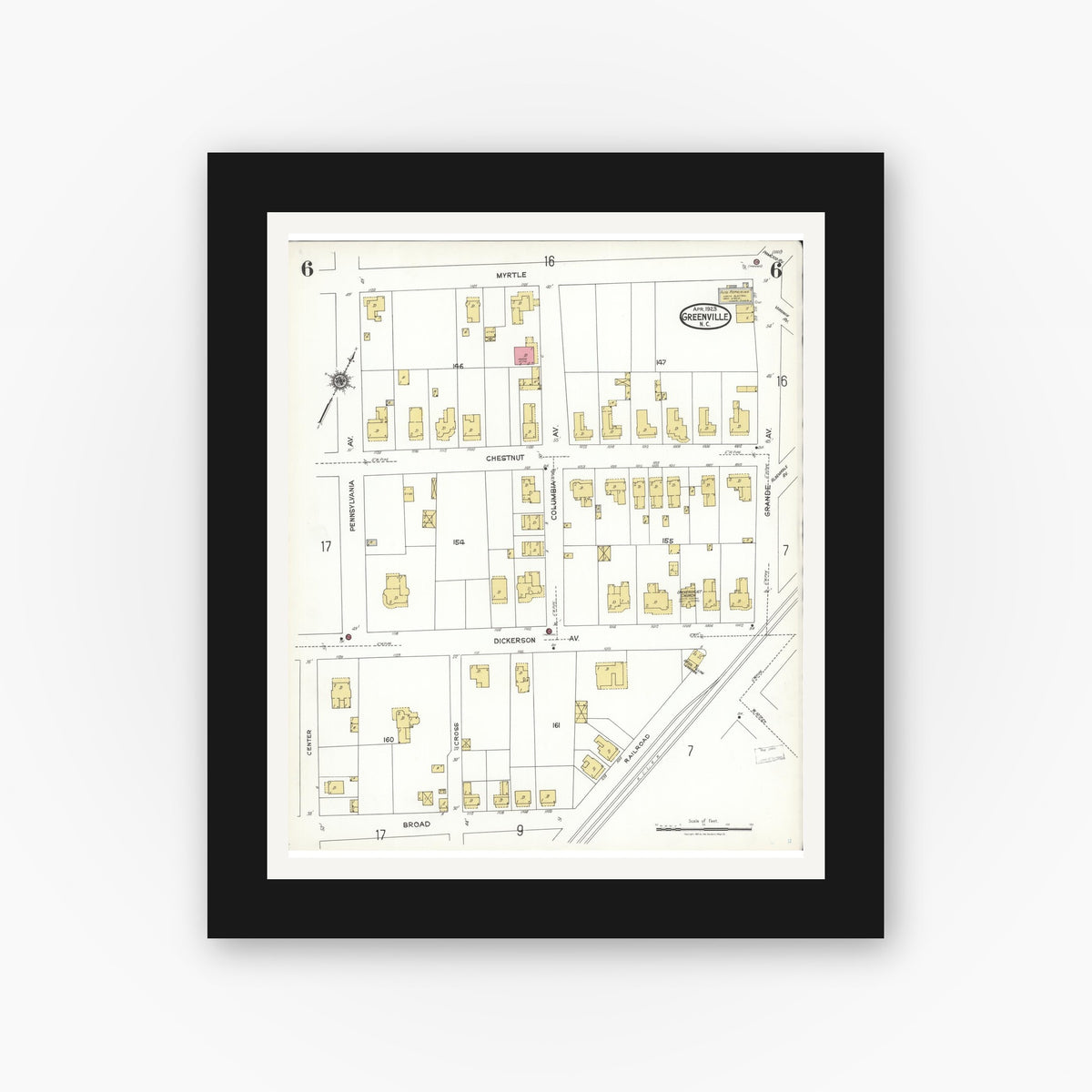Old map wall art mockup — black gallery frame with white mat — Sanborn Fire Insurance Map from Greenville, Pitt County, North Carolina (1923), Sheet #0006