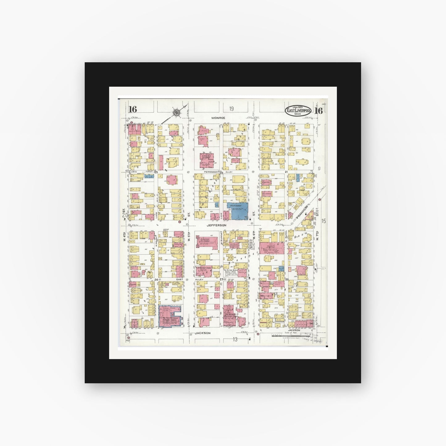 Old map wall art mockup — black gallery frame with white mat — Sanborn Fire Insurance Map from East Liverpool, Columbiana County, Ohio (1923), Sheet #0016