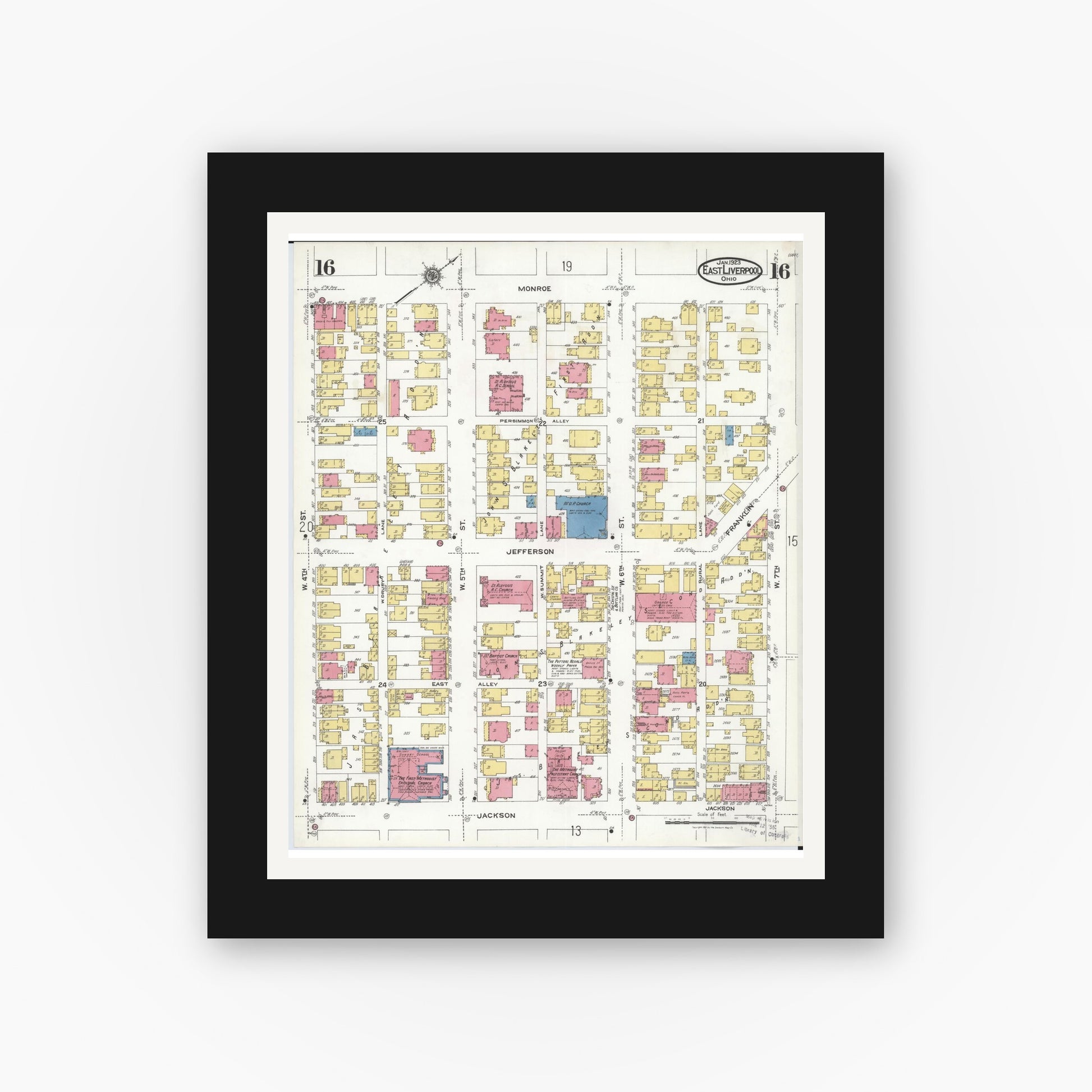 Old map wall art mockup — black gallery frame with white mat — Sanborn Fire Insurance Map from East Liverpool, Columbiana County, Ohio (1923), Sheet #0016