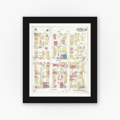 Old map wall art mockup — black gallery frame with white mat — Sanborn Fire Insurance Map from East Liverpool, Columbiana County, Ohio (1923), Sheet #0016