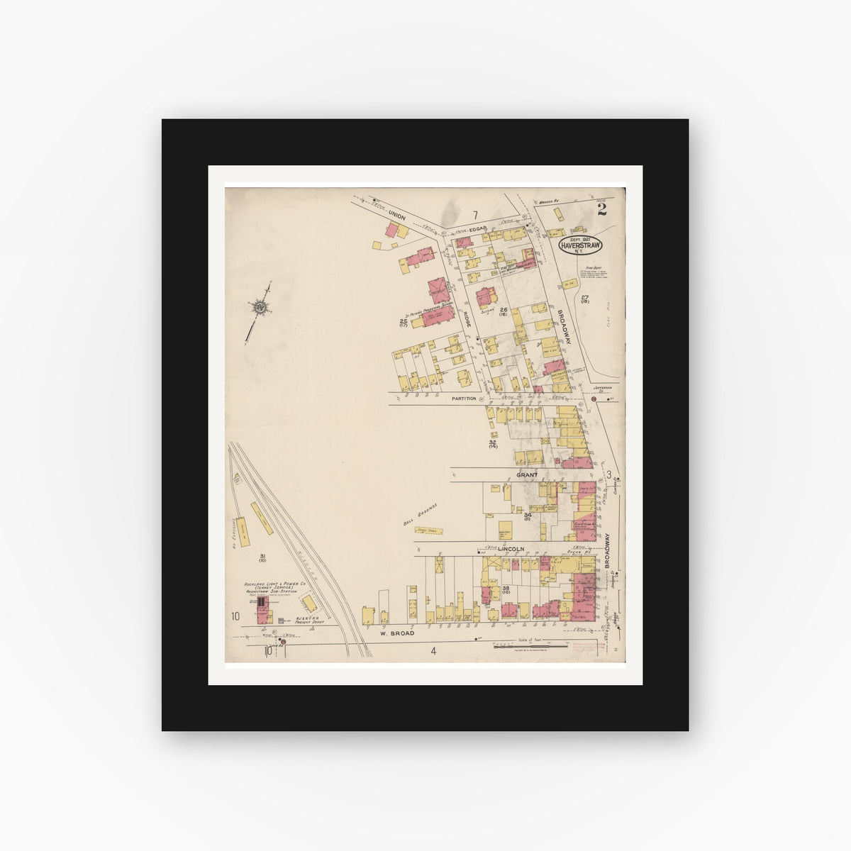 Old map wall art mockup — black gallery frame with white mat — Sanborn Fire Insurance Map from Haverstraw, Rockland County, New York (1921) - Complete Map Set