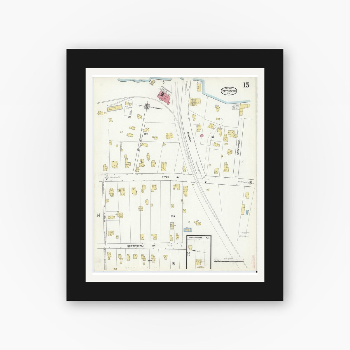 Old map wall art mockup — black gallery frame with white mat — Sanborn Fire Insurance Map from Patchogue, Suffolk County, New York (1916), Sheet #0015