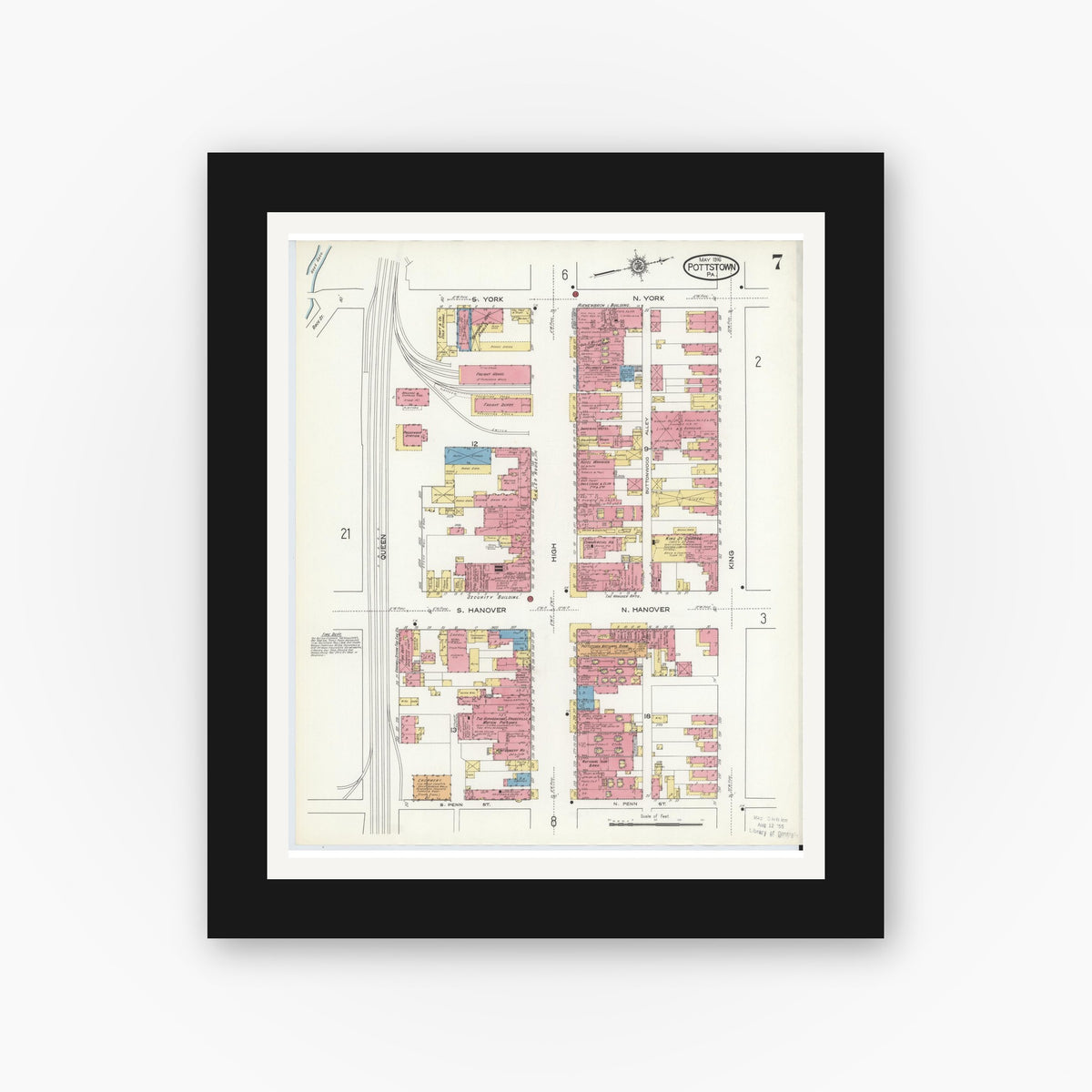 Old map wall art mockup — black gallery frame with white mat — Sanborn Fire Insurance Map from Pottstown, Montgomery County, Pennsylvania (1916), Sheet #0007