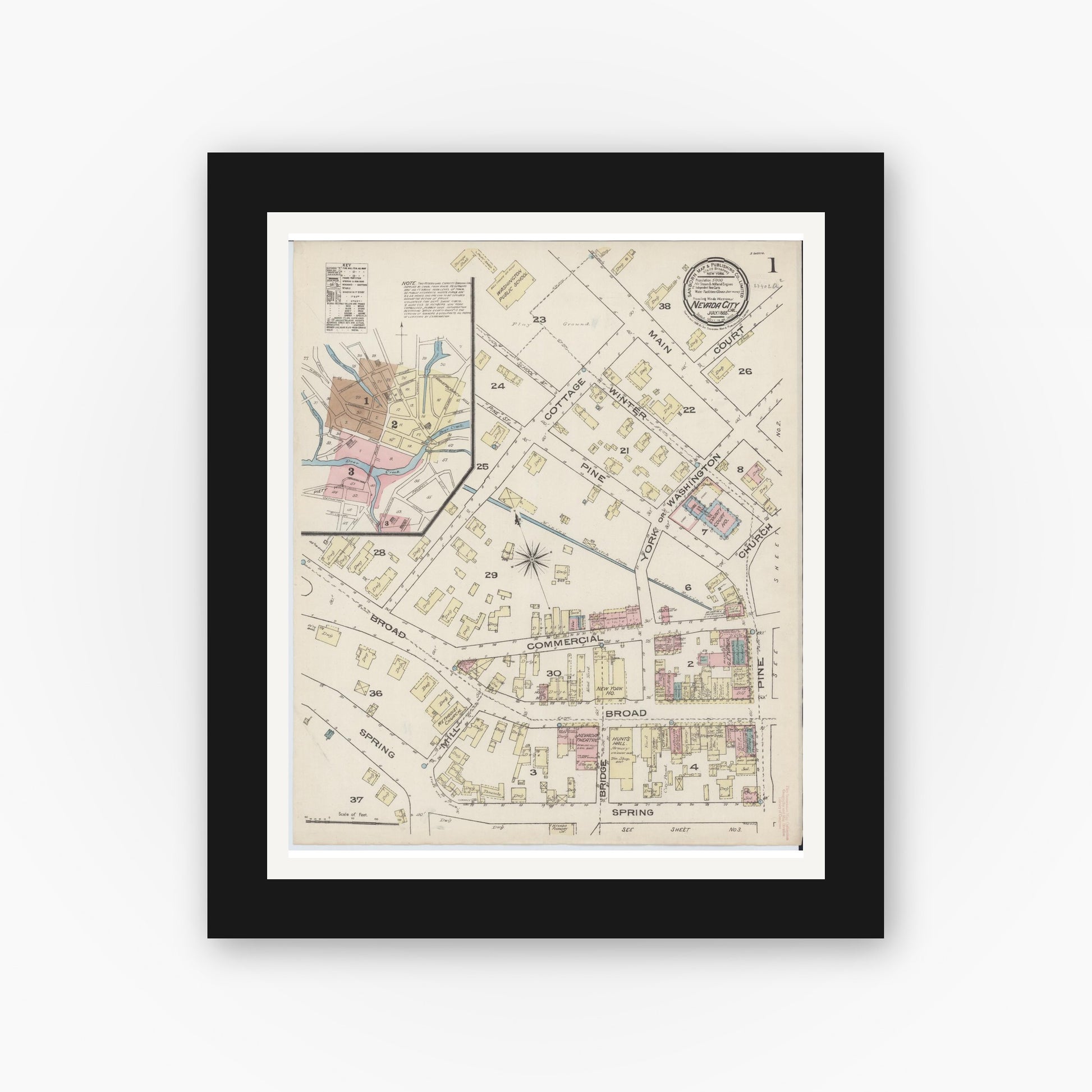 Old map wall art mockup — black gallery frame with white mat — Sanborn Fire Insurance Map from Nevada City, Nevada County, California (1885) - Complete Map Set