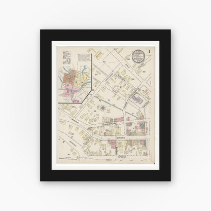 Old map wall art mockup — black gallery frame with white mat — Sanborn Fire Insurance Map from Nevada City, Nevada County, California (1885) - Complete Map Set