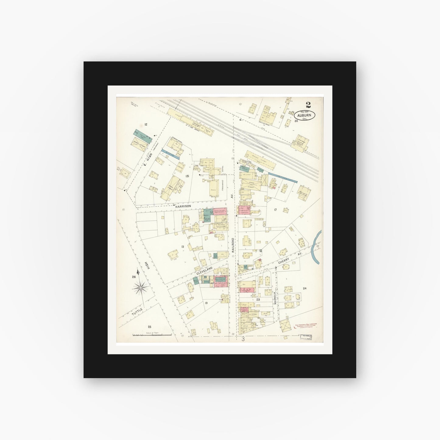 Old map wall art mockup — black gallery frame with white mat — Sanborn Fire Insurance Map from Auburn, Placer County, California (1899), Sheet #0002