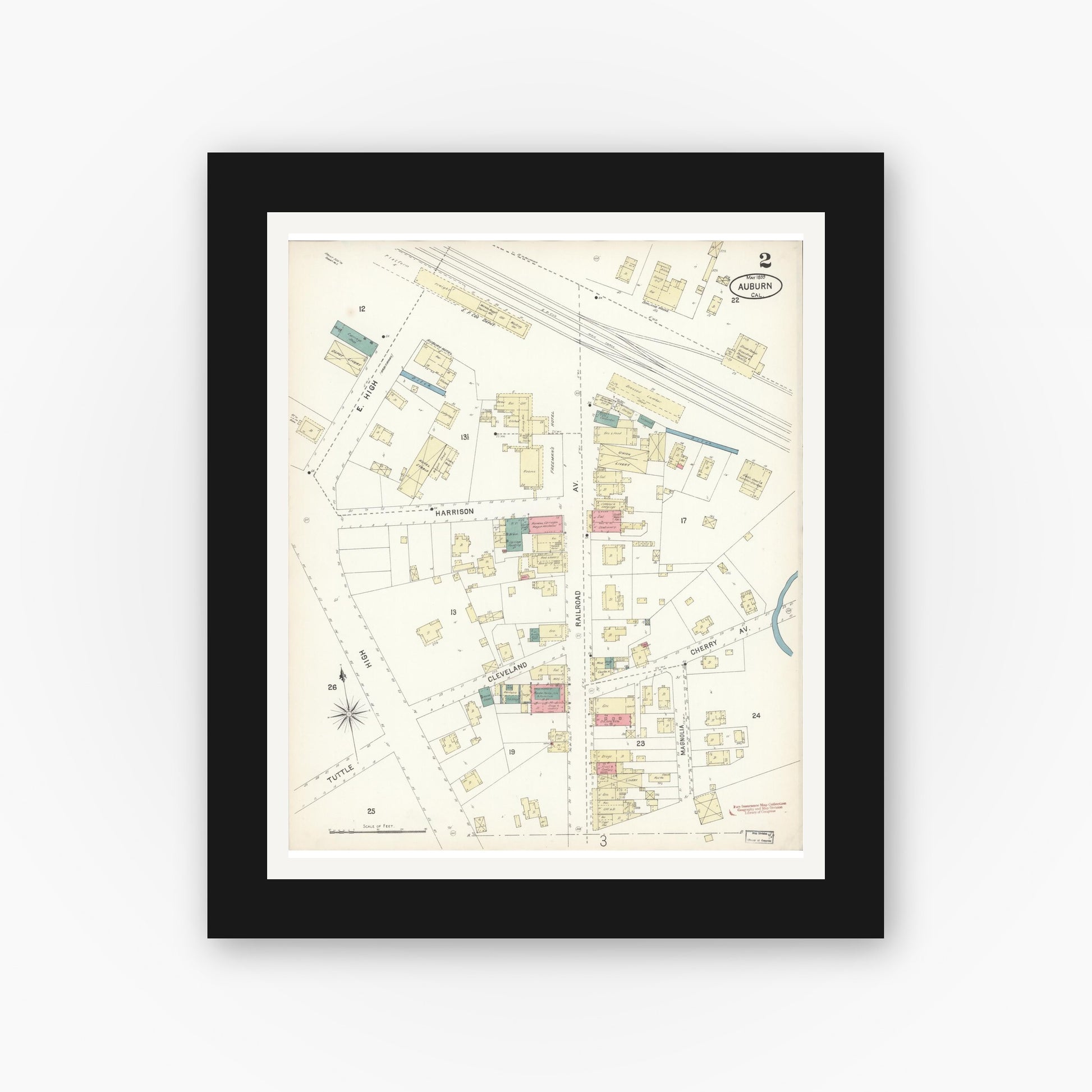 Old map wall art mockup — black gallery frame with white mat — Sanborn Fire Insurance Map from Auburn, Placer County, California (1899), Sheet #0002