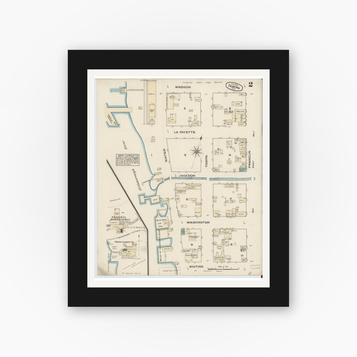 Old map wall art mockup — black gallery frame with white mat — Sanborn Fire Insurance Map from Tampa, Hillsborough County, Florida (1884), Sheet #0002