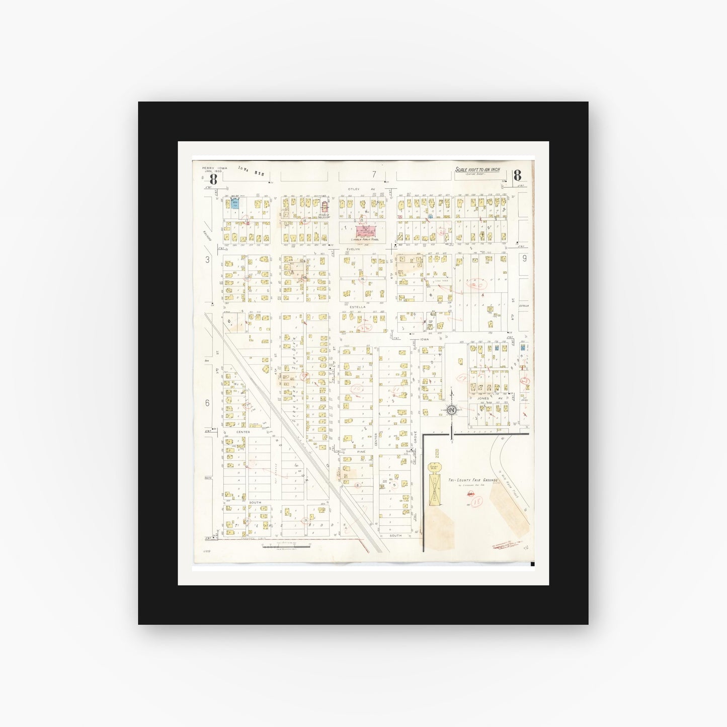 Old map wall art mockup — black gallery frame with white mat — Sanborn Fire Insurance Map from Perry, Dallas County, Iowa (1947), Sheet #0008