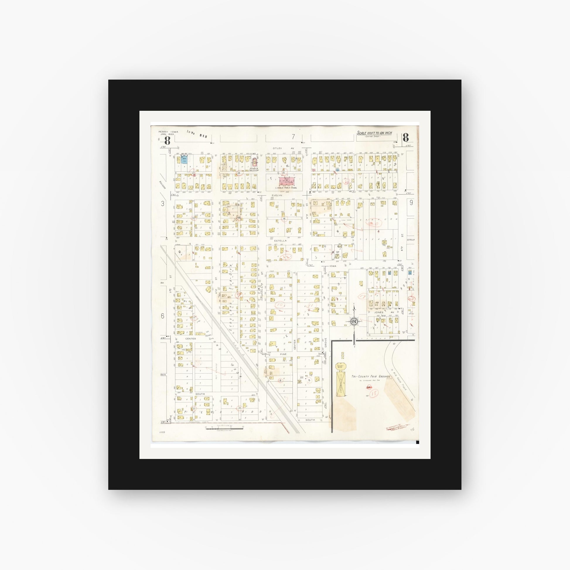Old map wall art mockup — black gallery frame with white mat — Sanborn Fire Insurance Map from Perry, Dallas County, Iowa (1947), Sheet #0008