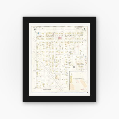 Old map wall art mockup — black gallery frame with white mat — Sanborn Fire Insurance Map from Perry, Dallas County, Iowa (1947), Sheet #0008