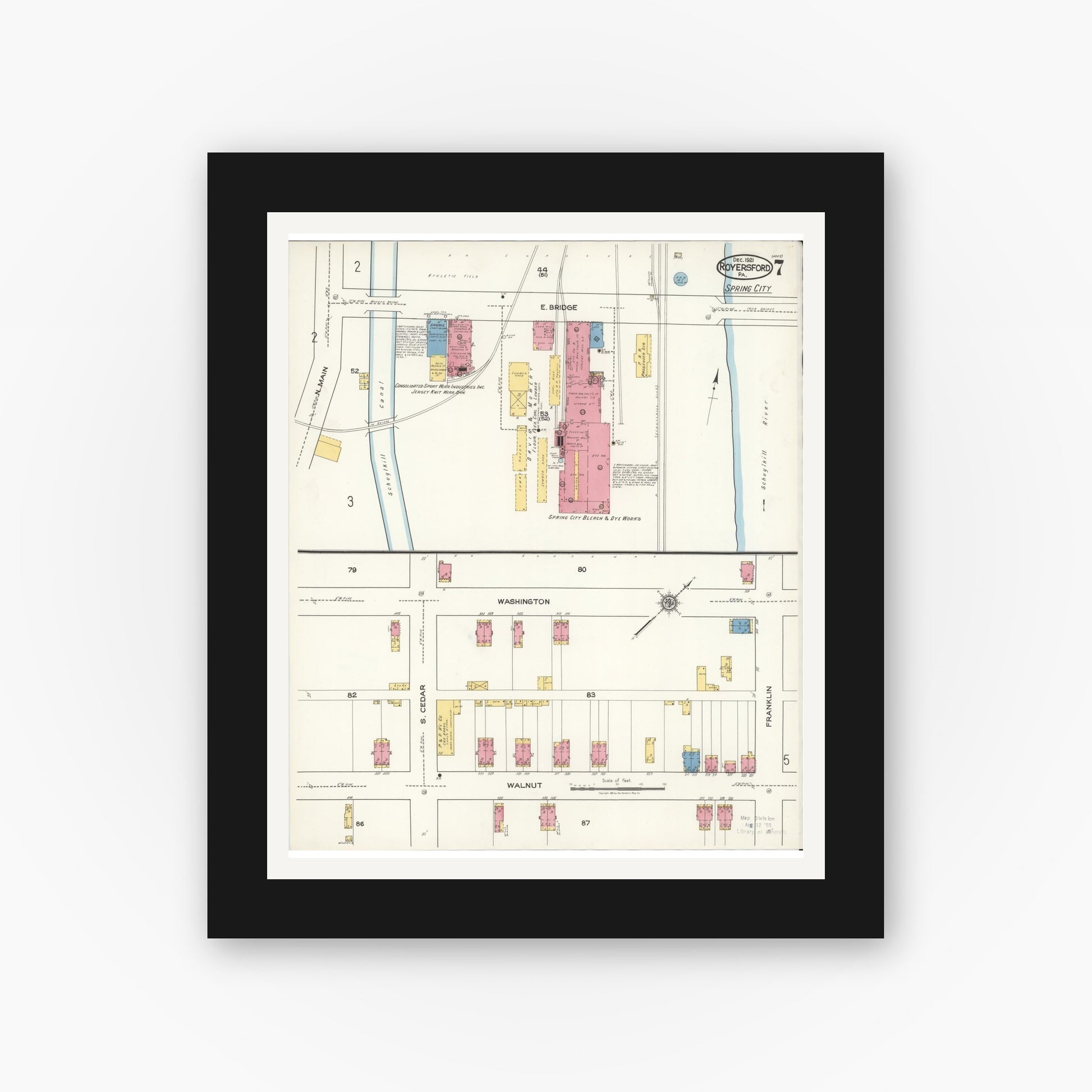 Old map wall art mockup — black gallery frame with white mat — Sanborn Fire Insurance Map from Royersford, Montgomery County, Pennsylvania (1921), Sheet #0007
