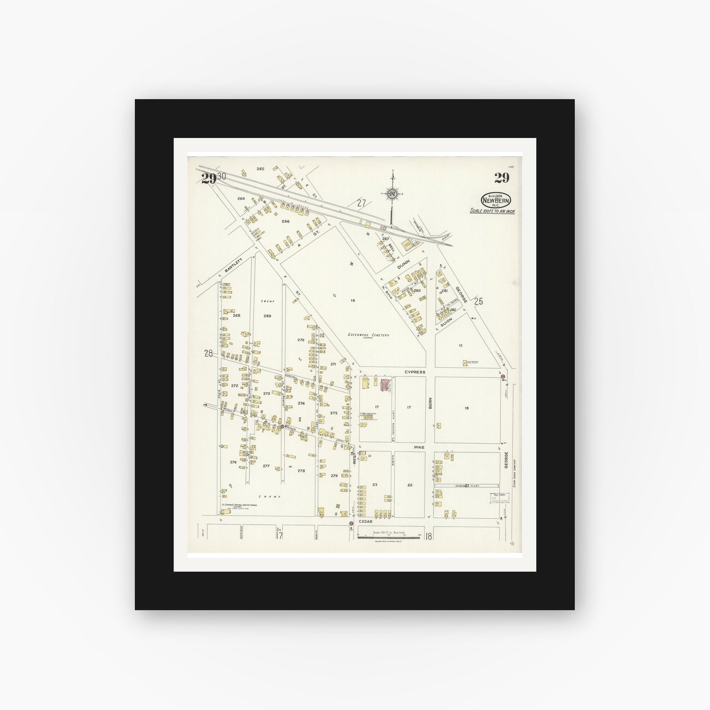Old map wall art mockup — black gallery frame with white mat — Sanborn Fire Insurance Map from New Bern, Craven County, North Carolina (1924), Sheet #0029