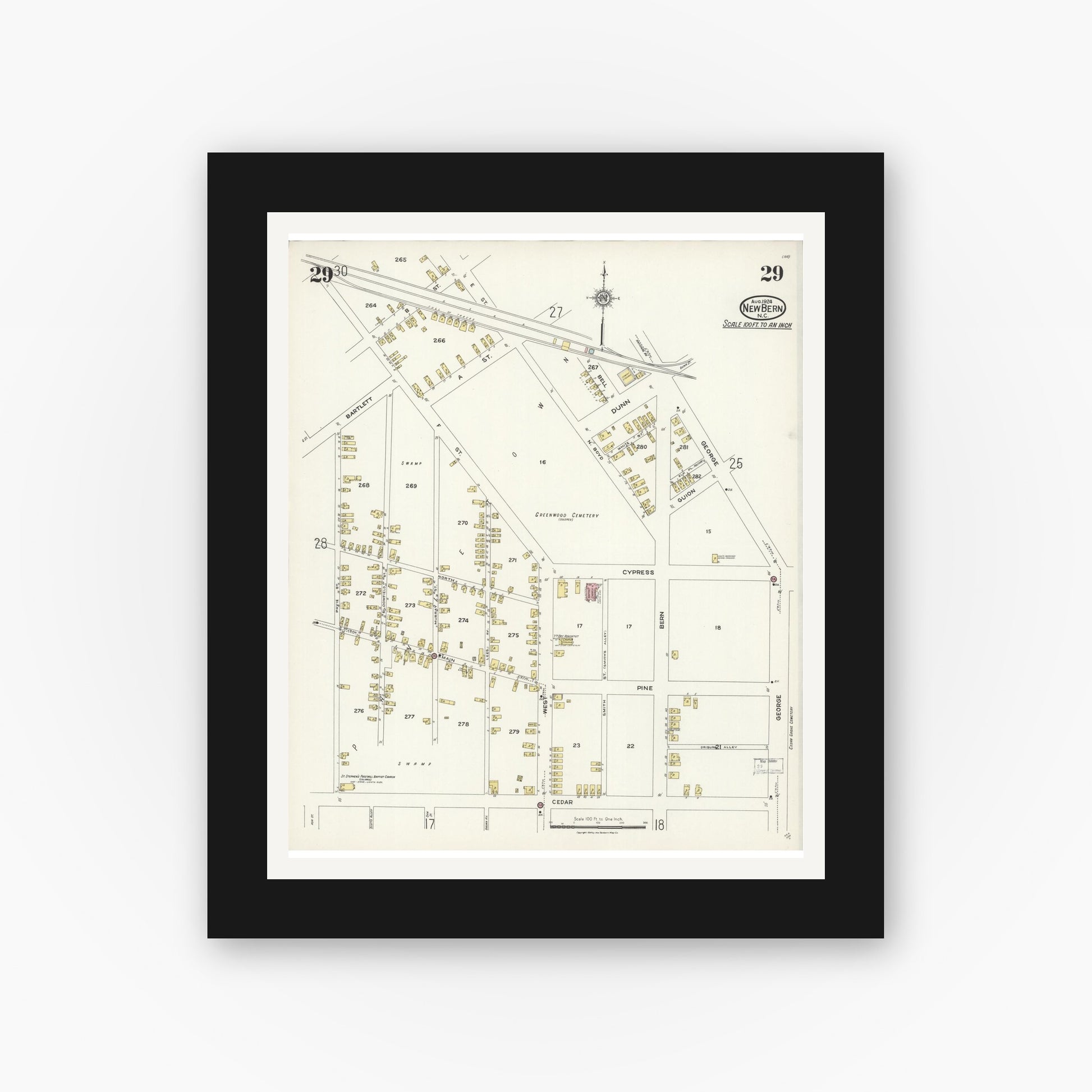 Old map wall art mockup — black gallery frame with white mat — Sanborn Fire Insurance Map from New Bern, Craven County, North Carolina (1924), Sheet #0029