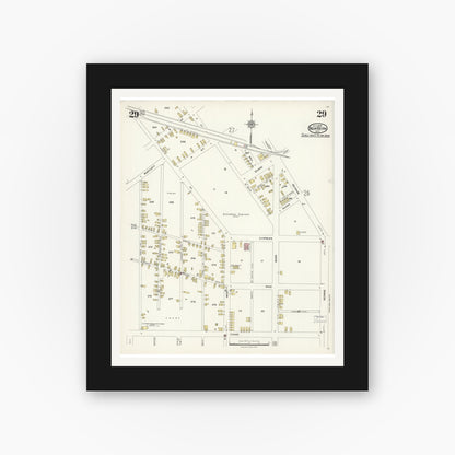 Old map wall art mockup — black gallery frame with white mat — Sanborn Fire Insurance Map from New Bern, Craven County, North Carolina (1924), Sheet #0029