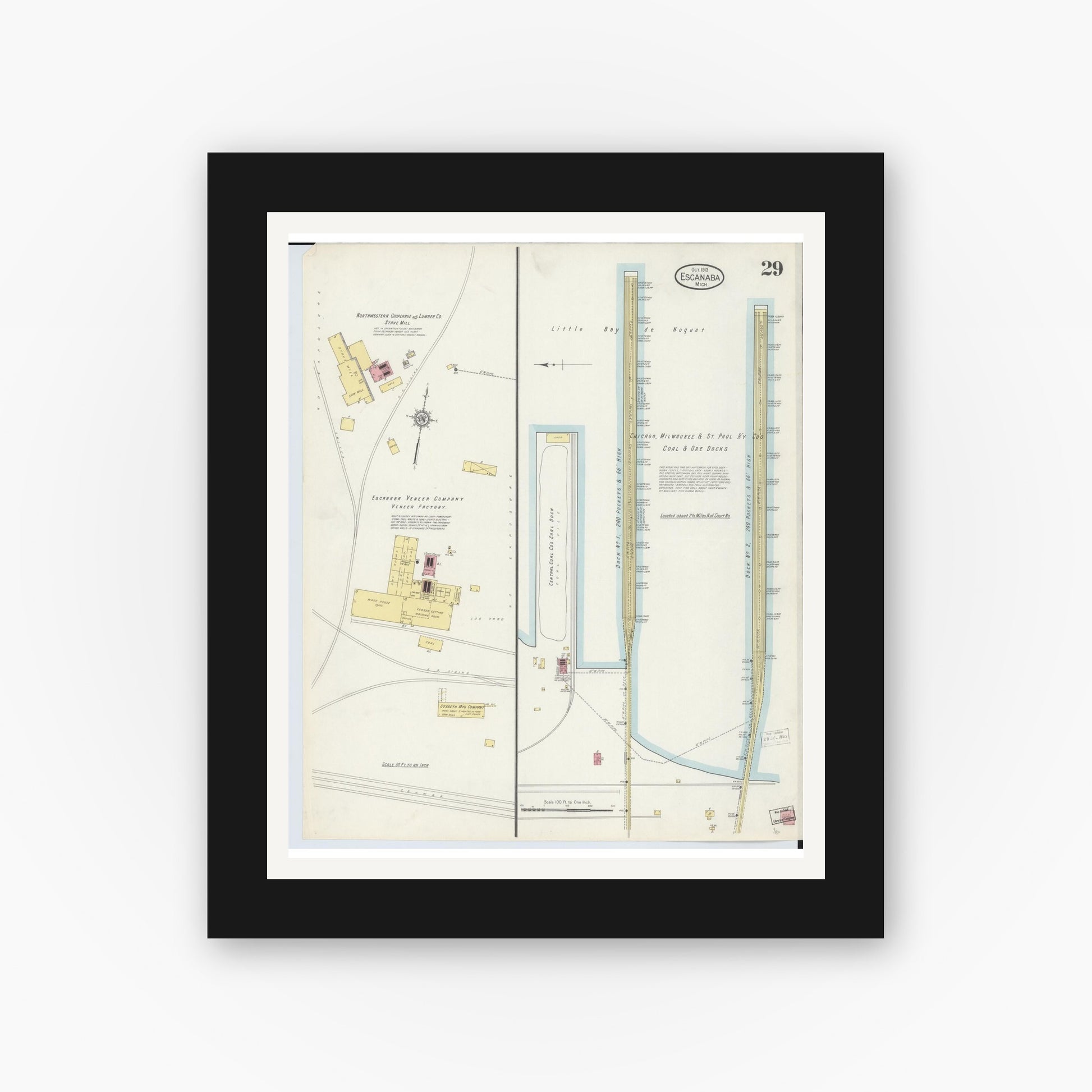Old map wall art mockup — black gallery frame with white mat — Sanborn Fire Insurance Map from Escanaba, Delta County, Michigan (1913), Sheet #0029