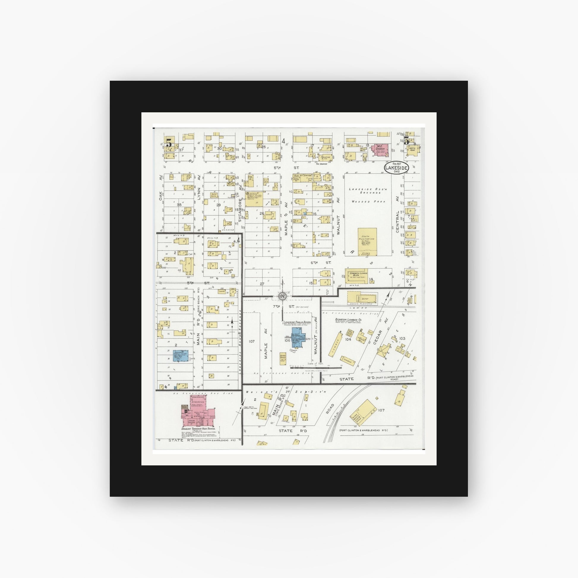 Old map wall art mockup — black gallery frame with white mat — Sanborn Fire Insurance Map from Lakeside, Ottawa County, Ohio (1927), Sheet #0005