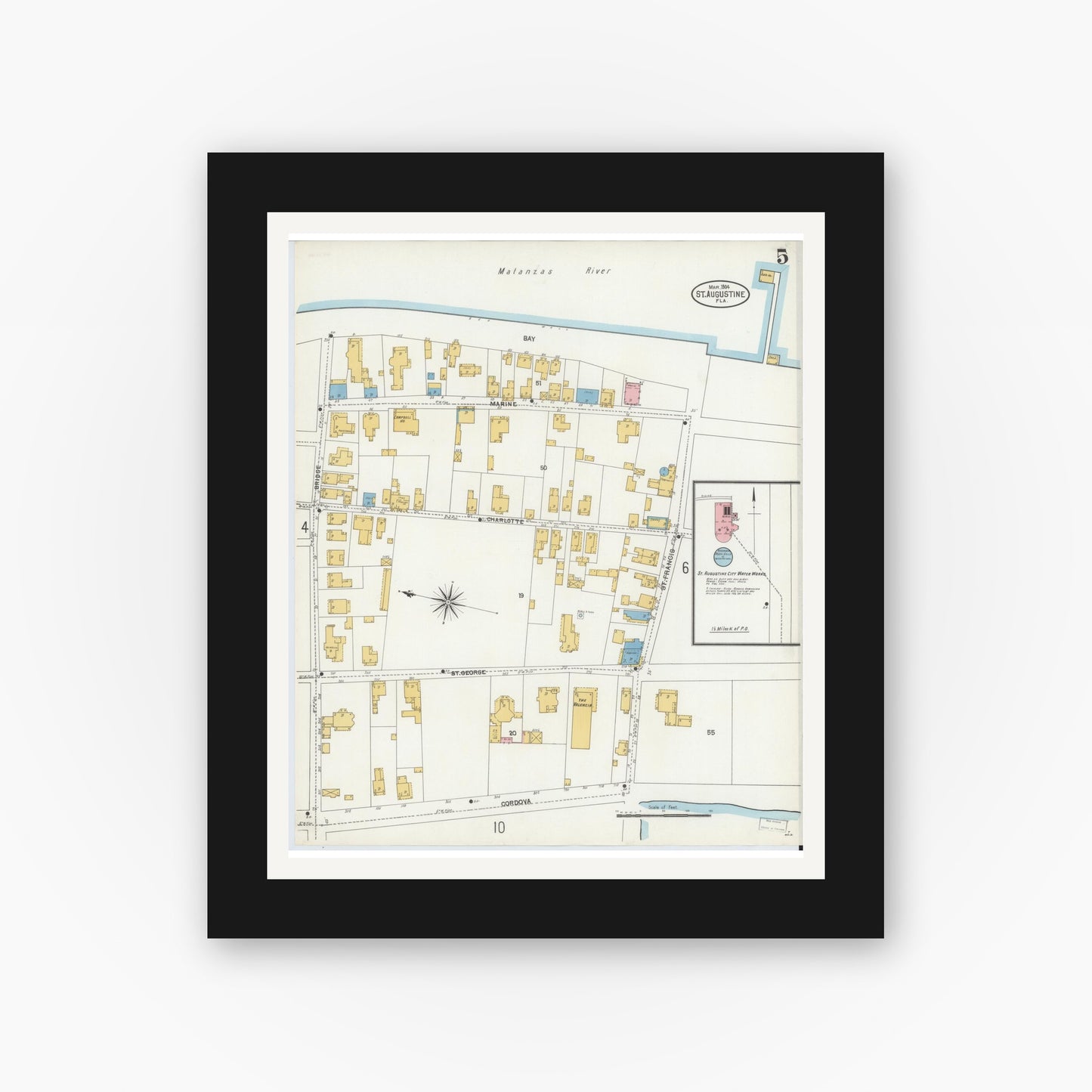 Old map wall art mockup — black gallery frame with white mat — Sanborn Fire Insurance Map from Saint Augustine, Saint John's County, Florida (1904), Sheet #0005