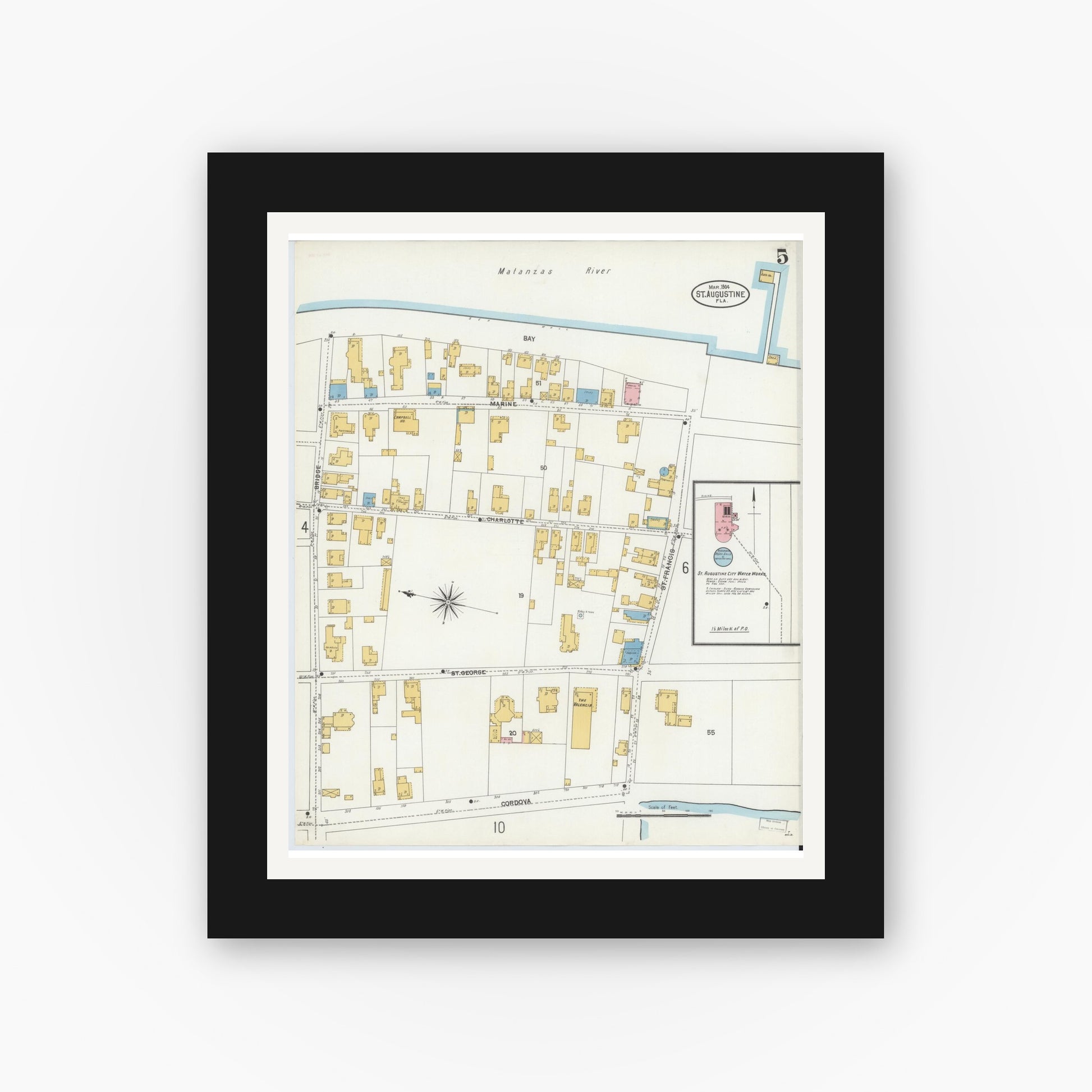 Old map wall art mockup — black gallery frame with white mat — Sanborn Fire Insurance Map from Saint Augustine, Saint John's County, Florida (1904), Sheet #0005