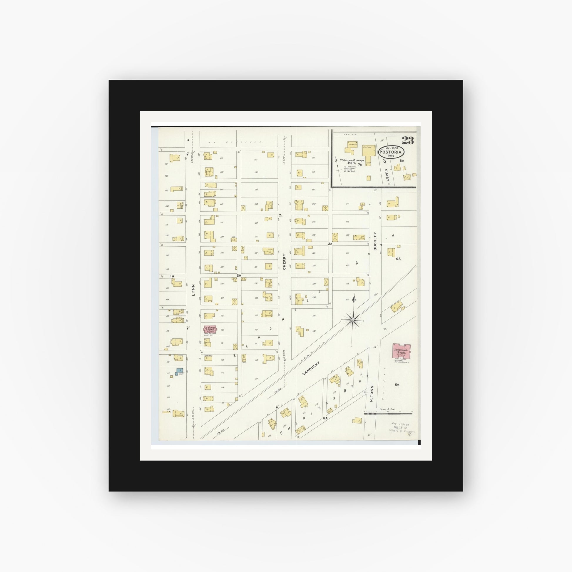 Old map wall art mockup — black gallery frame with white mat — Sanborn Fire Insurance Map from Fostoria, Seneca, Hancock, And Wood Counties, Ohio (1908), Sheet #0023