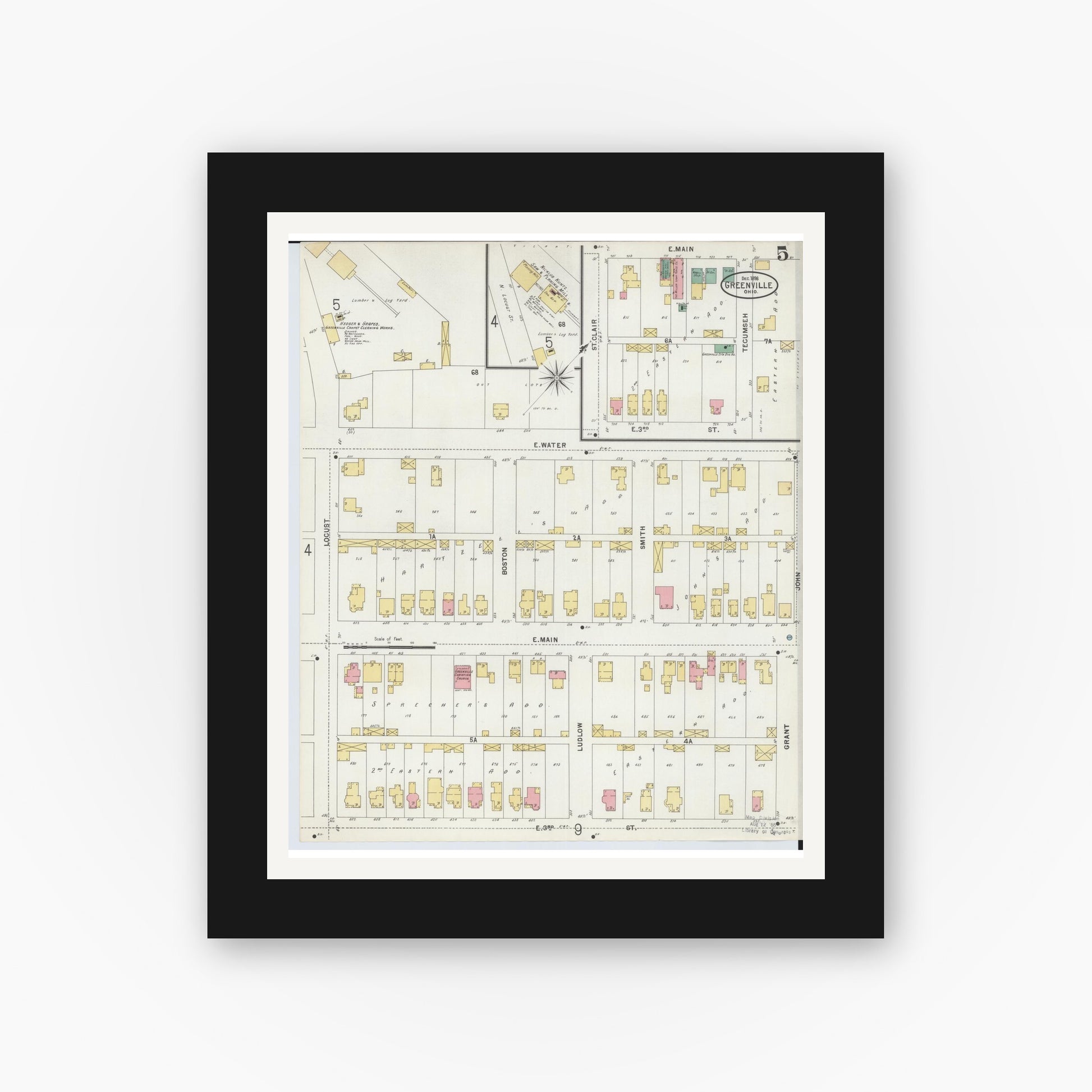 Old map wall art mockup — black gallery frame with white mat — Sanborn Fire Insurance Map from Greenville, Darke County, Ohio (1898), Sheet #0005