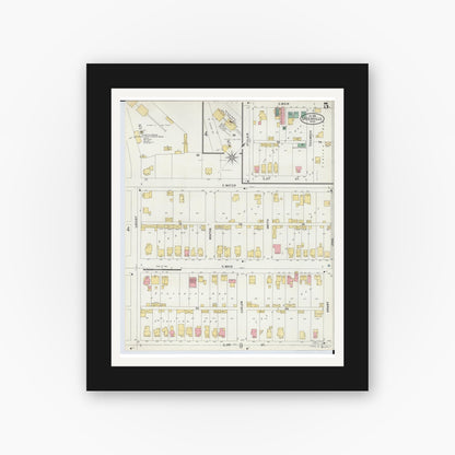 Old map wall art mockup — black gallery frame with white mat — Sanborn Fire Insurance Map from Greenville, Darke County, Ohio (1898), Sheet #0005